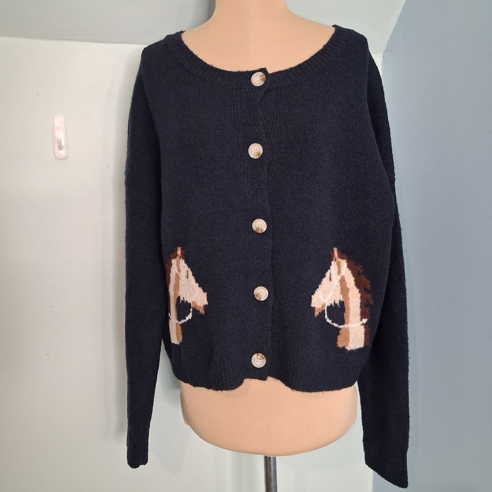 Vigoss Navy Blue Horse Equestrian Intarsia Button Front Cardigan Sweater Large
